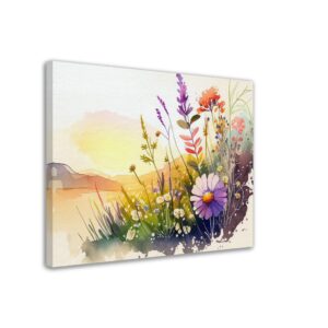 Cadre mural - Aquarelle Paysage Fleurs sauvages et lac