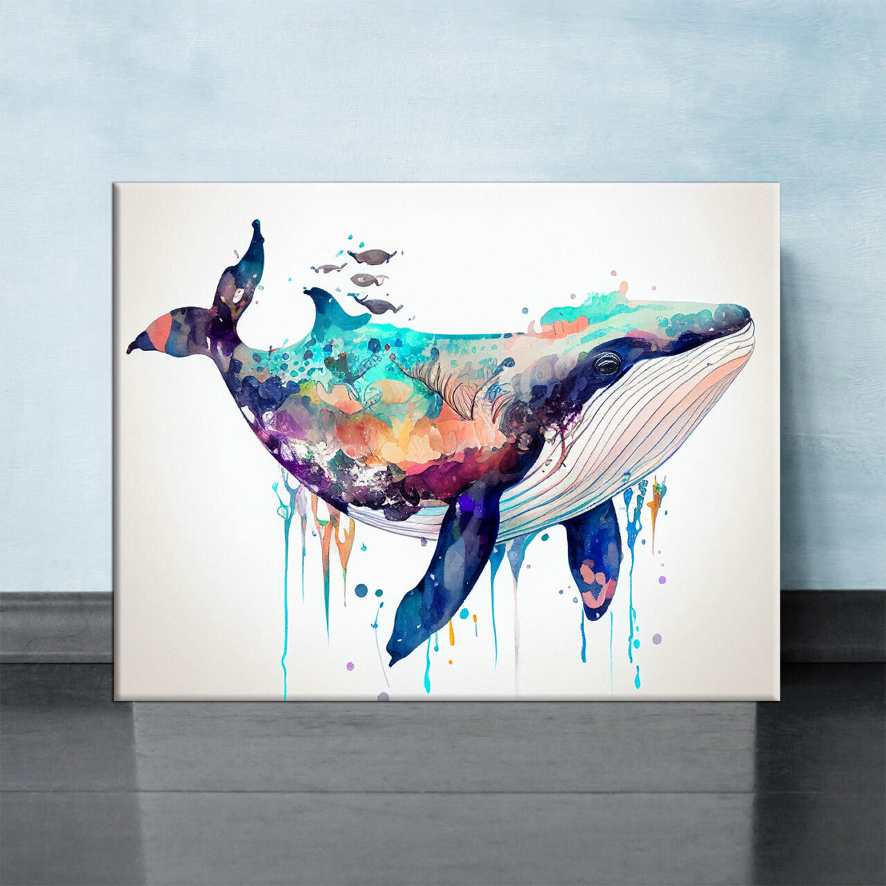 cadre mural aquarelle baleine bleue multi couleur