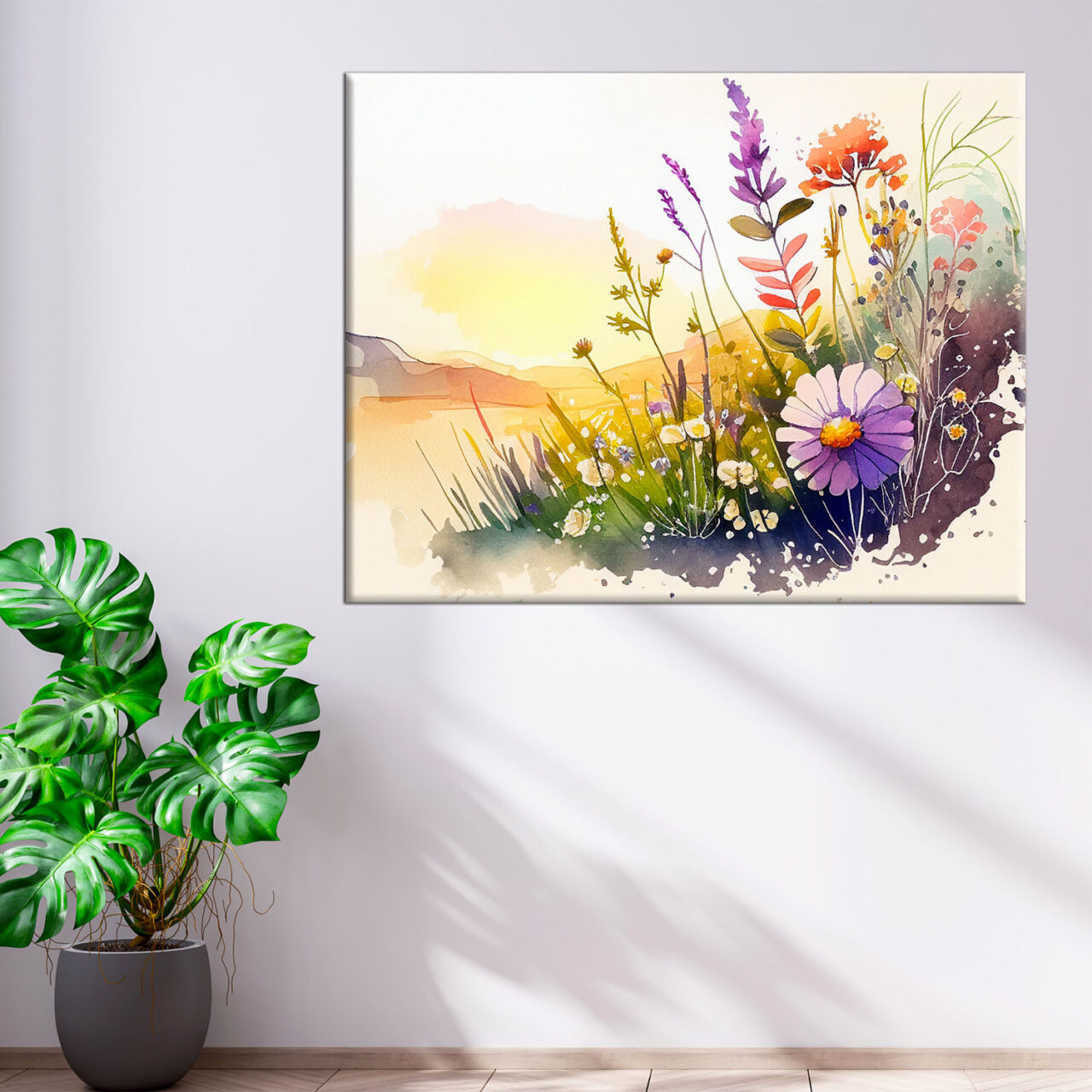 cadre mural aquarelle paysage fleurs sauvages et lac