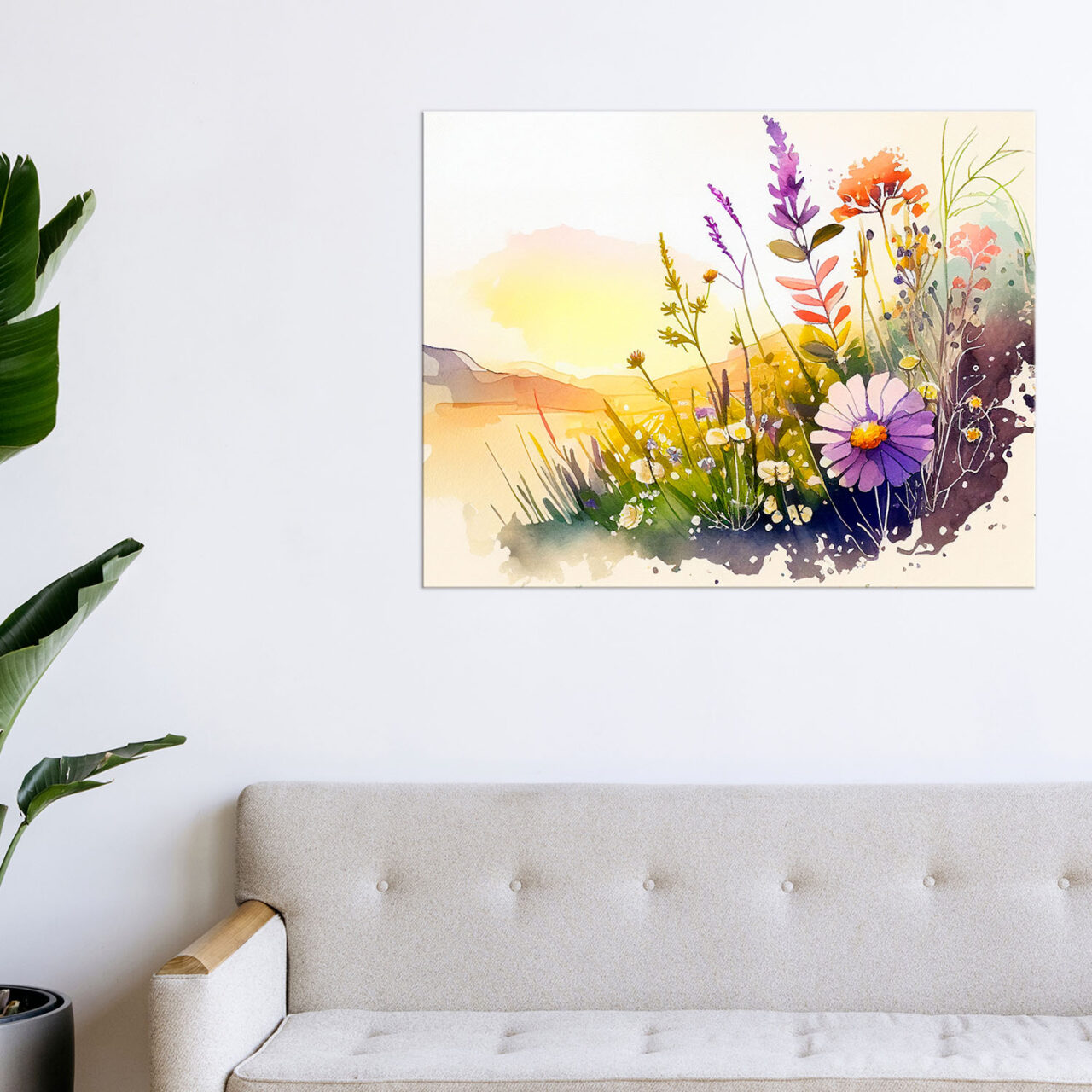cadre mural aquarelle paysage fleurs sauvages et lac