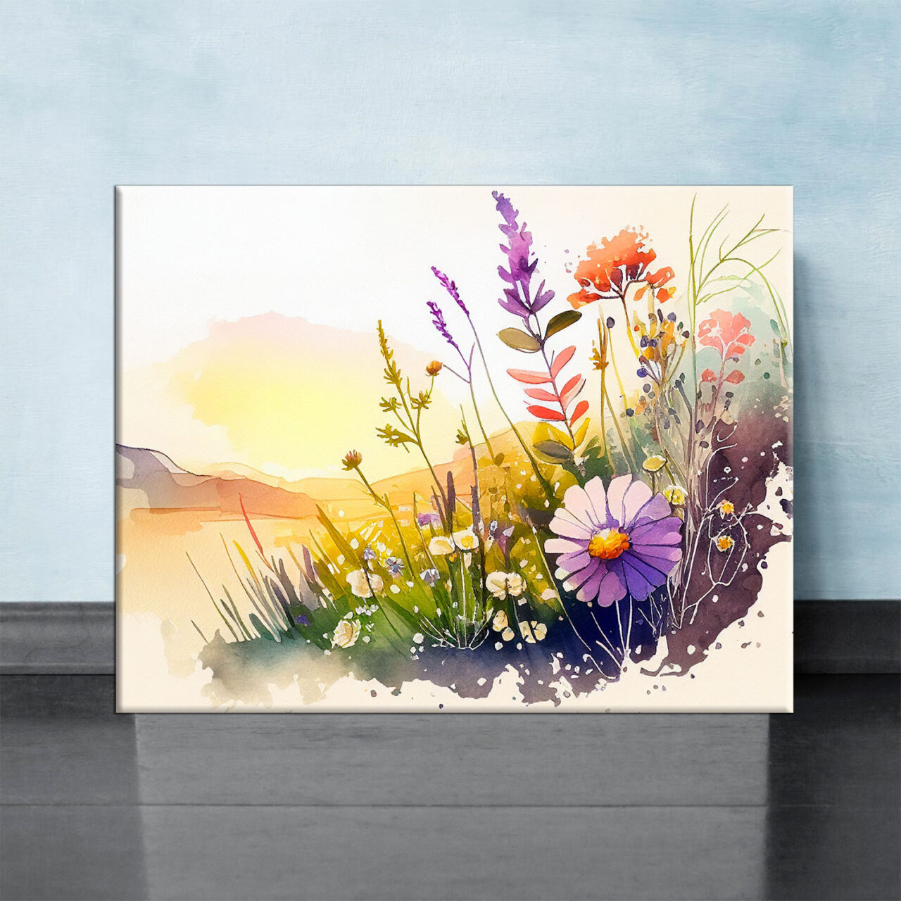 cadre mural aquarelle paysage fleurs sauvages et lac