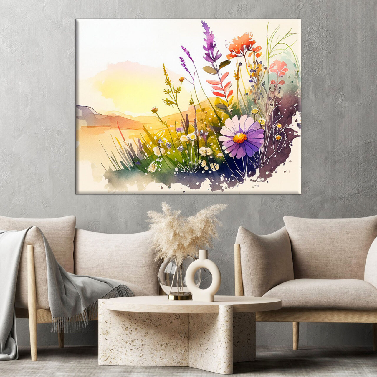 cadre mural aquarelle paysage fleurs sauvages et lac