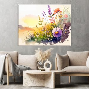 cadre mural aquarelle paysage fleurs sauvages et lac