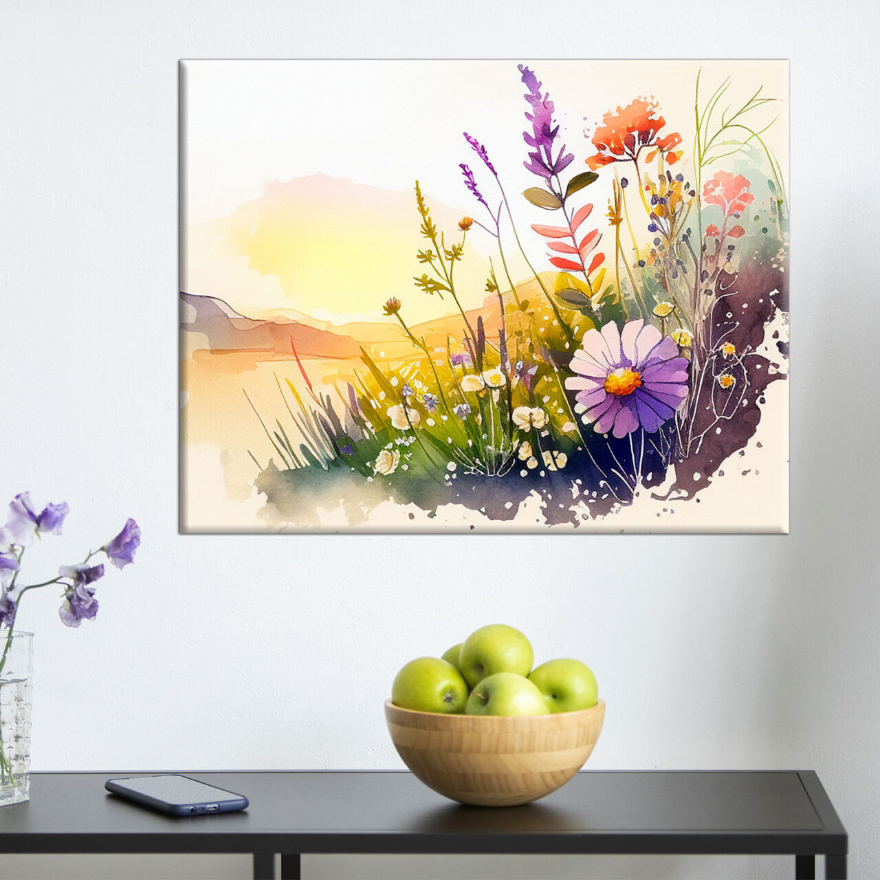 cadre mural aquarelle paysage fleurs sauvages et lac