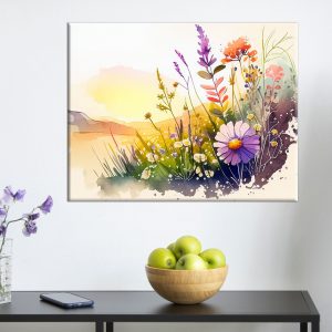 cadre mural aquarelle paysage fleurs sauvages et lac