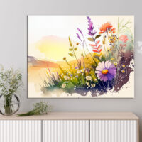 Cadre mural – Aquarelle Paysage Fleurs sauvages et lac cadre mural aquarelle paysage fleurs sauvages et lac