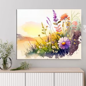 cadre mural aquarelle paysage fleurs sauvages et lac