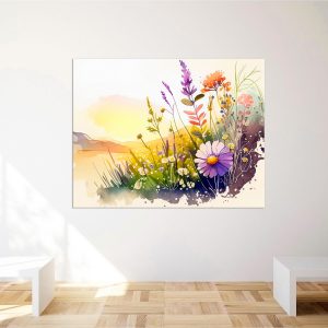 cadre mural aquarelle paysage fleurs sauvages et lac