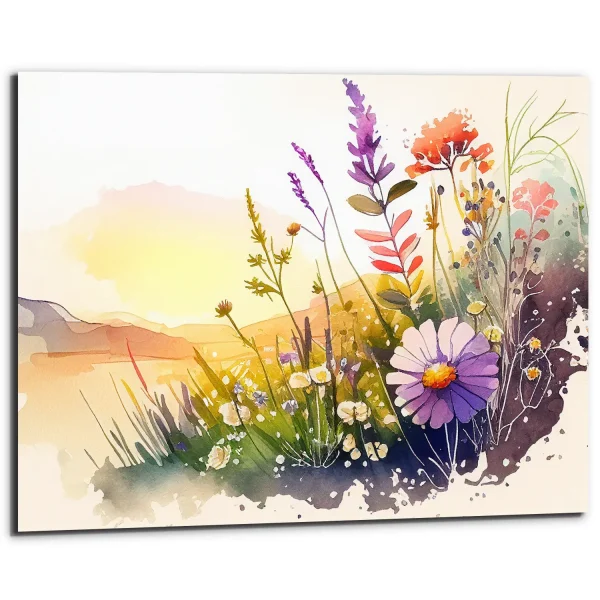 cadre mural aquarelle paysage fleurs sauvages et lac