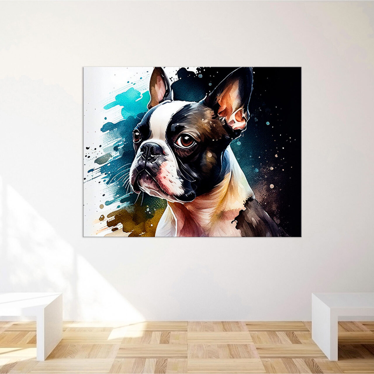 cadre mural aquarelle portrait d'un boston terrier