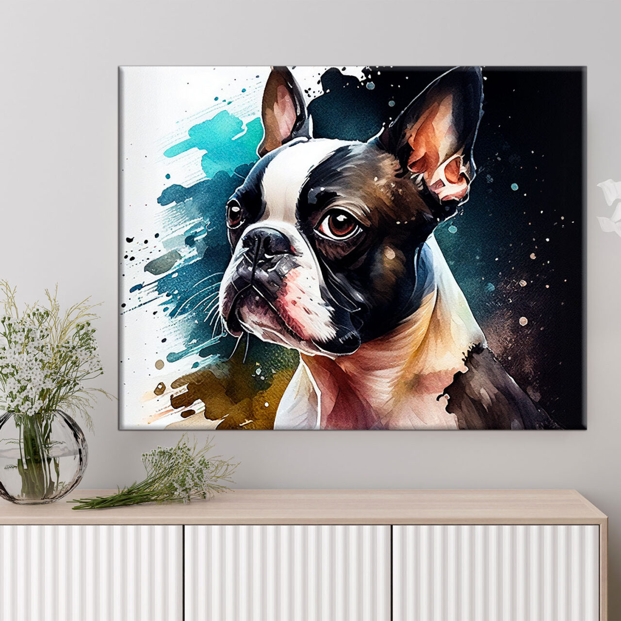 cadre mural aquarelle portrait d'un boston terrier