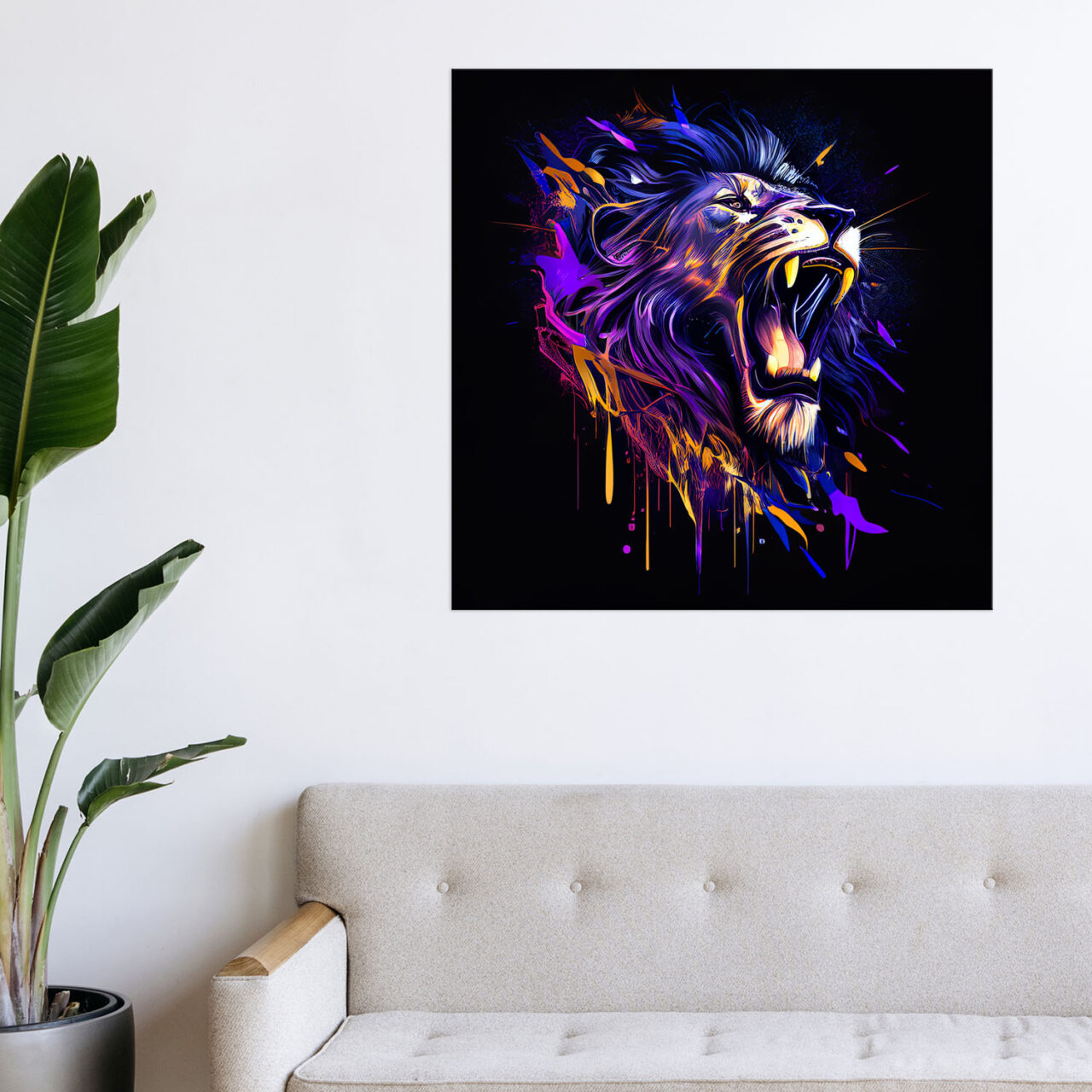 cadre mural lion mauve sur fond noir