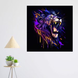 cadre mural lion mauve sur fond noir