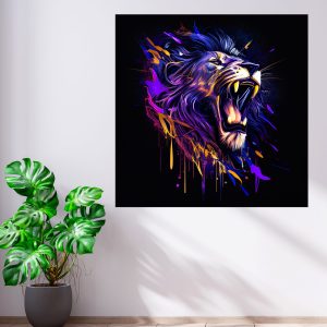 cadre mural lion mauve sur fond noir