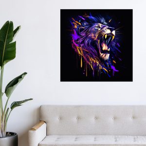 cadre mural lion mauve sur fond noir