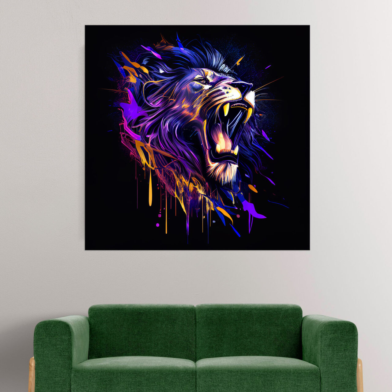 cadre mural lion mauve sur fond noir