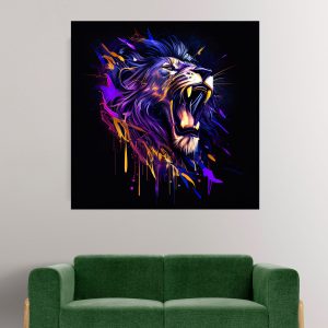 cadre mural lion mauve sur fond noir