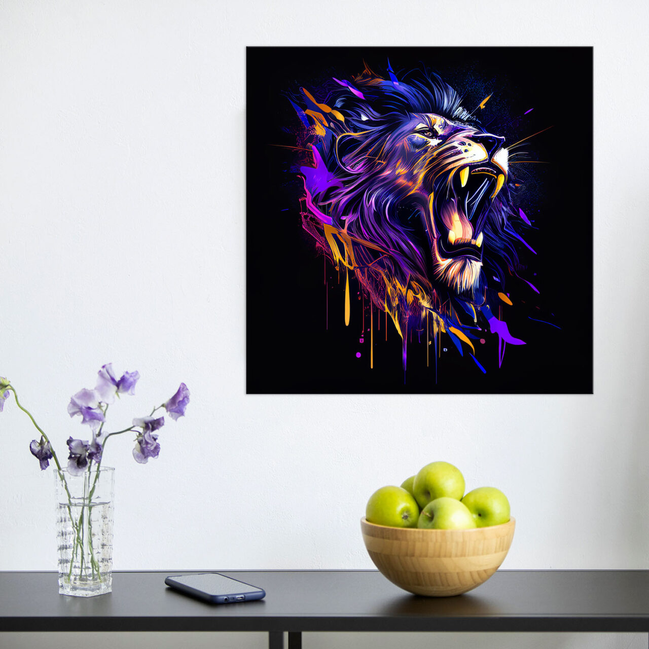 cadre mural lion mauve sur fond noir
