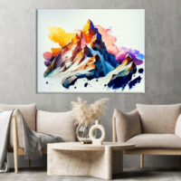 cadre mural peinture montagne enneigée dans nuages de feu