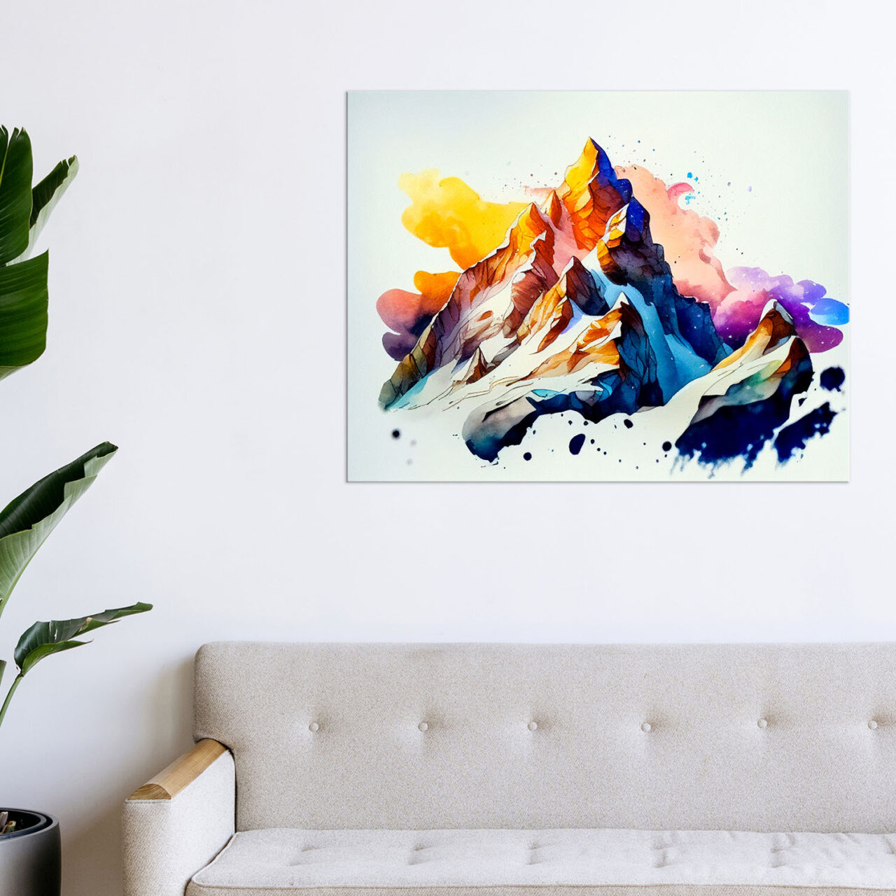 cadre mural peinture montagne enneigée dans nuages de feu