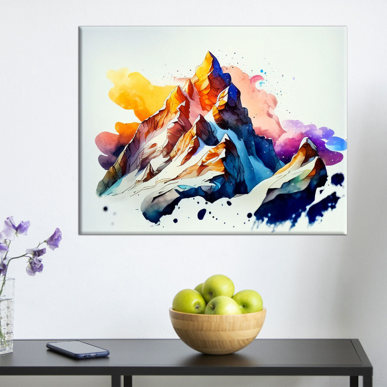 cadre mural peinture montagne enneigée dans nuages de feu