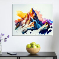 cadre mural peinture montagne enneigée dans nuages de feu