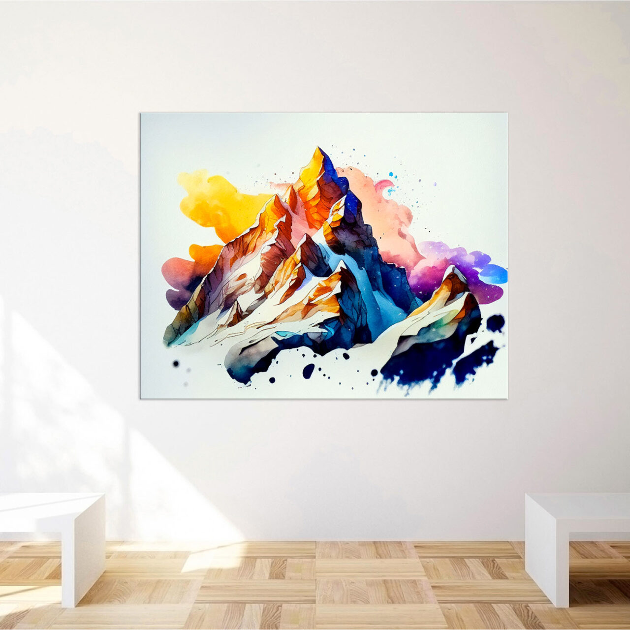 cadre mural peinture montagne enneigée dans nuages de feu