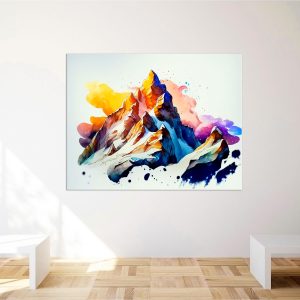 cadre mural peinture montagne enneigée dans nuages de feu