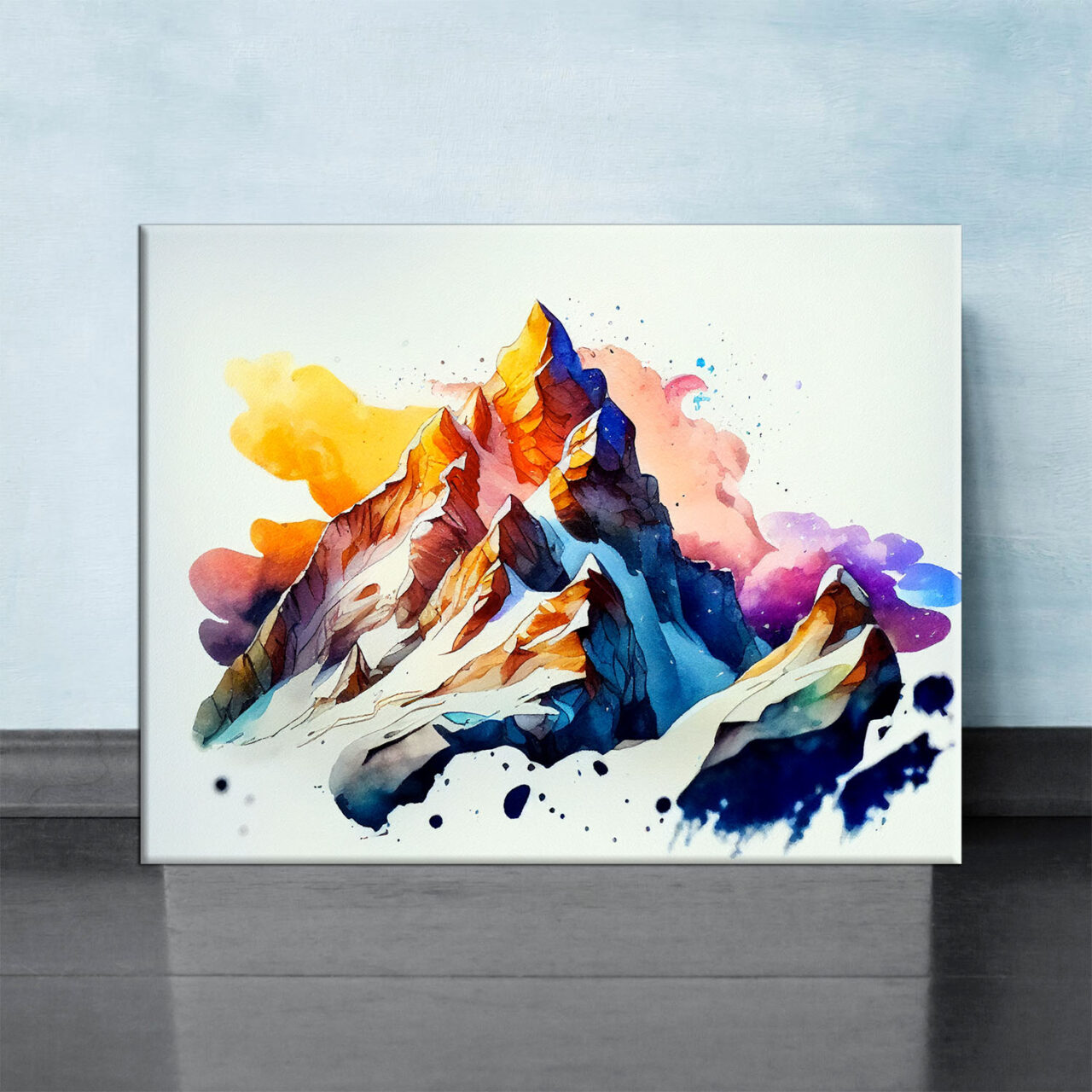 cadre mural peinture montagne enneigée dans nuages de feu