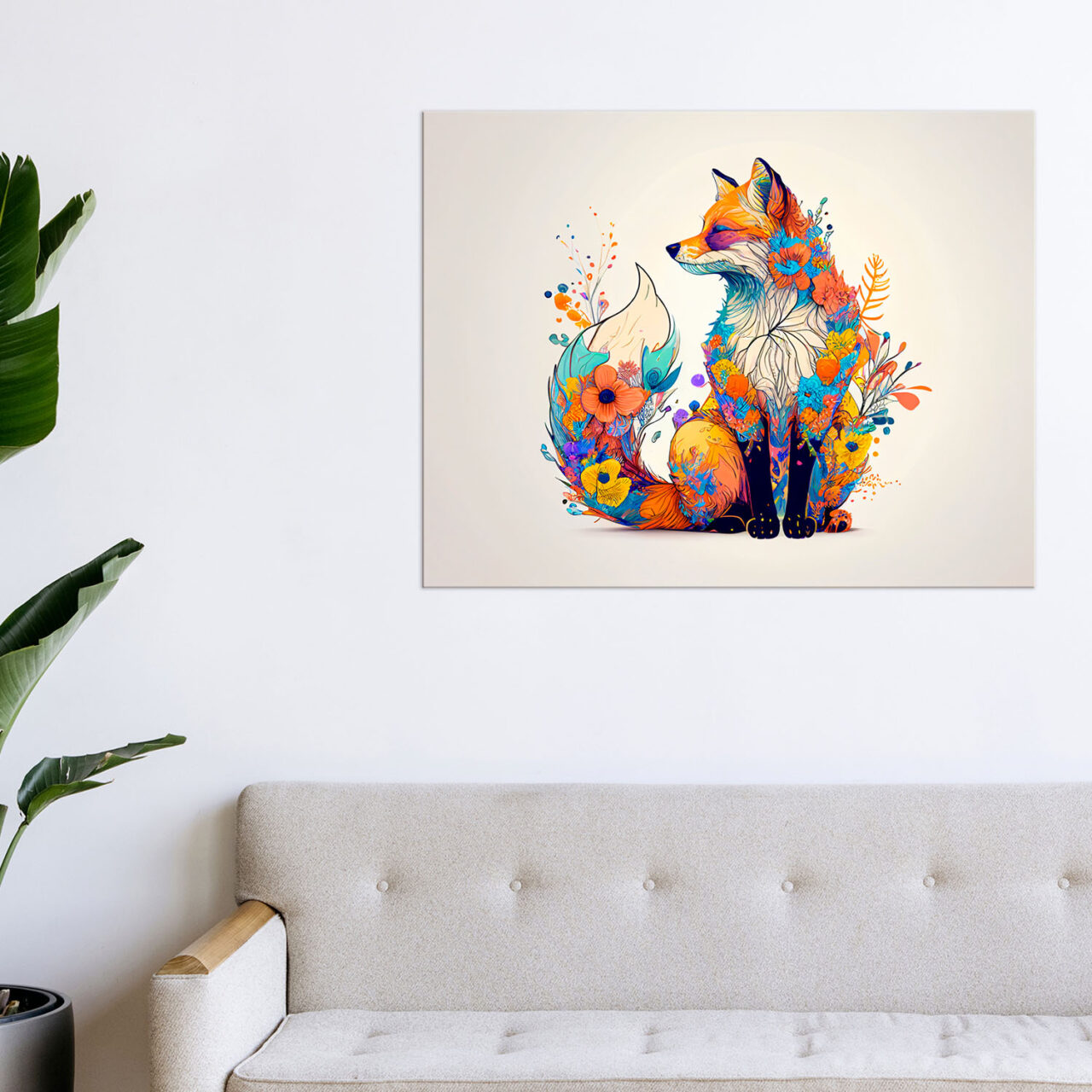cadre mural renard et fleurs colorées