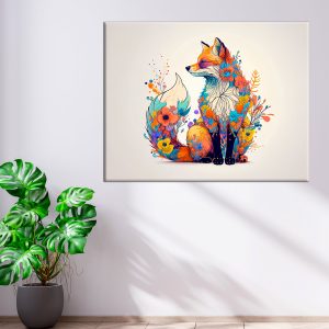 cadre mural renard et fleurs colorées