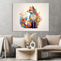 cadre mural renard et fleurs colorées