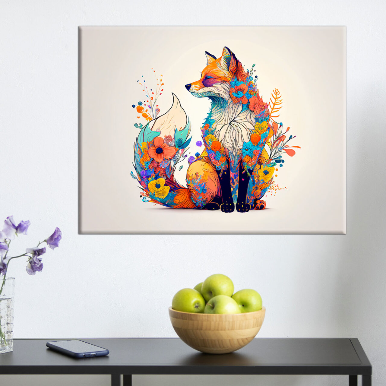 cadre mural renard et fleurs colorées