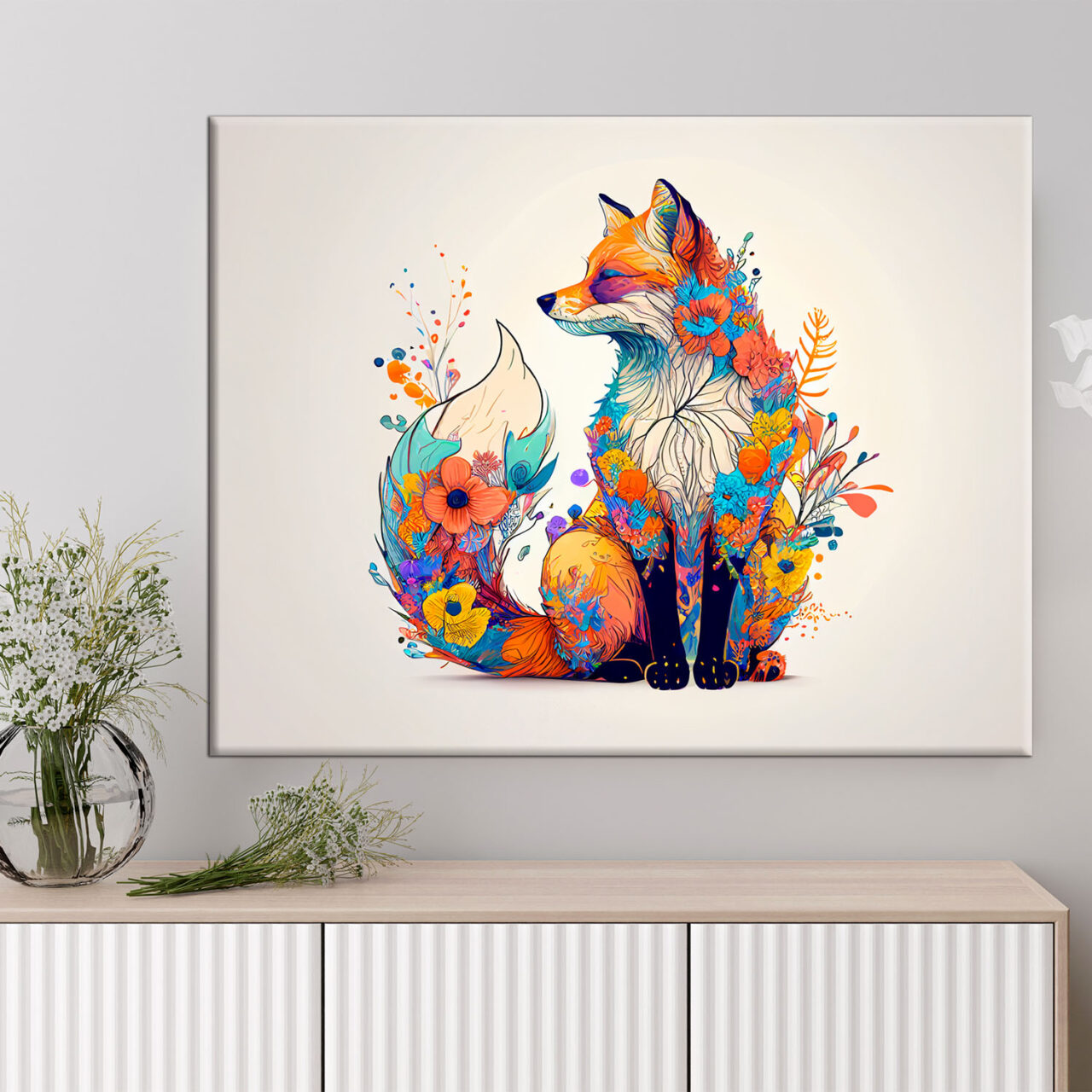 cadre mural renard et fleurs colorées