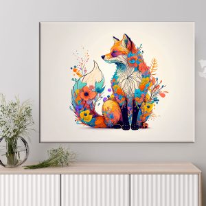 cadre mural renard et fleurs colorées