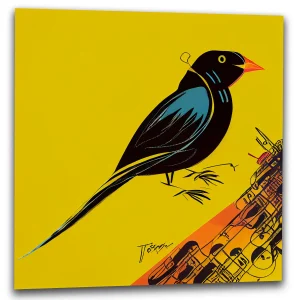 Cadre mural – Oiseau noir sur fond jaune art minimaliste