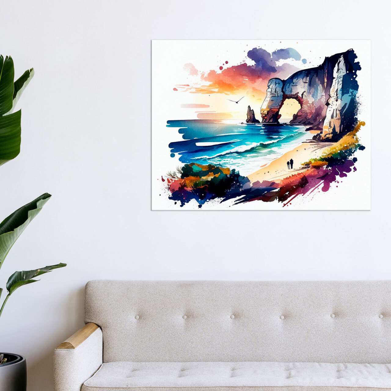 toile art mural aquarelle falaises d'etretat coucher de soleil