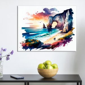 toile art mural aquarelle falaises d'etretat coucher de soleil