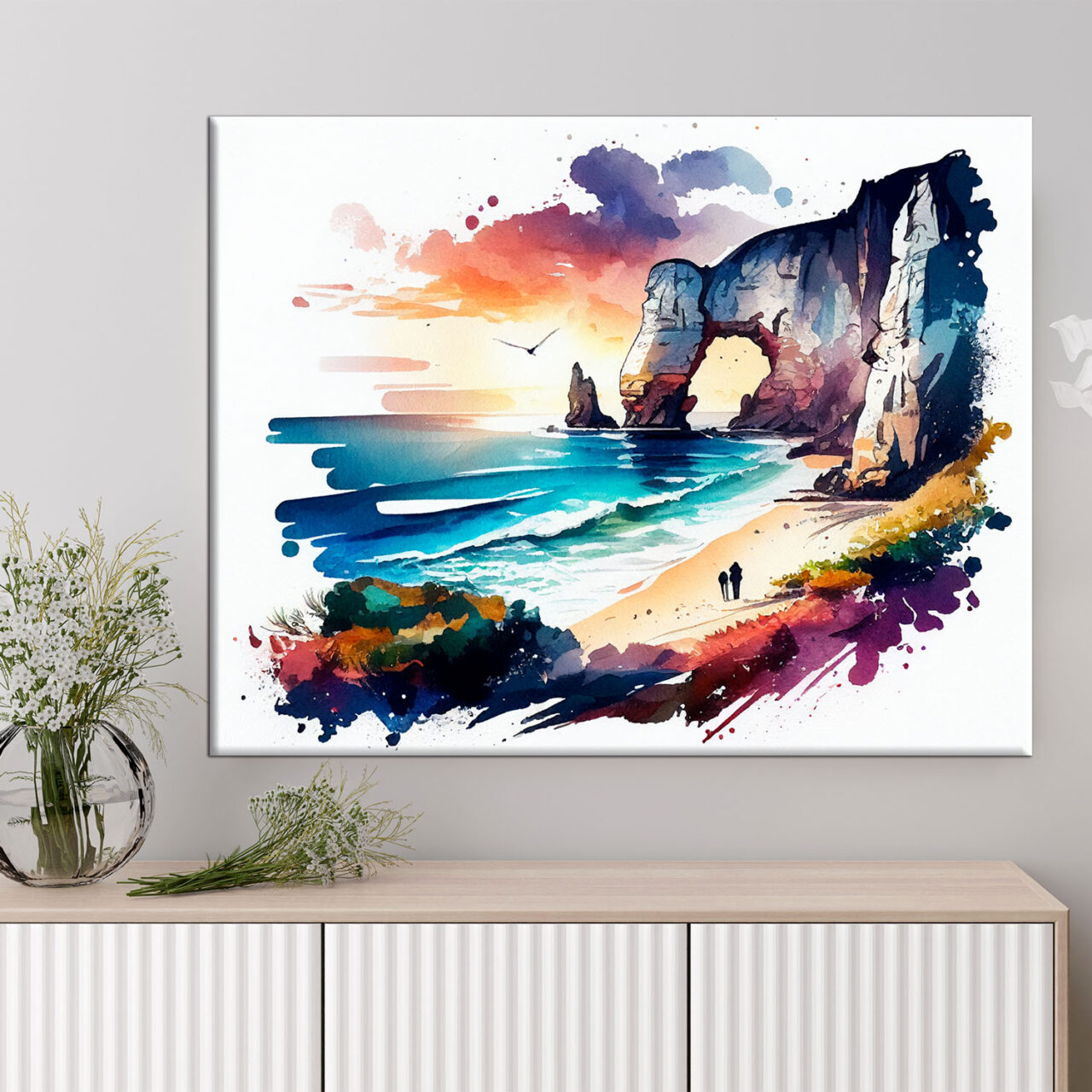 toile art mural aquarelle falaises d'etretat coucher de soleil