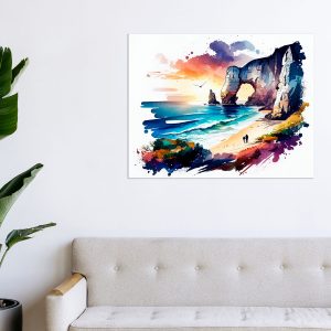 toile art mural aquarelle falaises d'etretat coucher de soleil