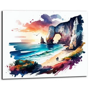 toile art mural aquarelle falaises d'etretat coucher de soleil