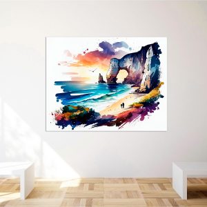 toile art mural aquarelle falaises d'etretat coucher de soleil