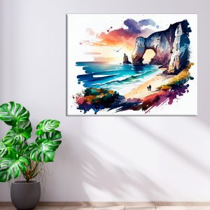 toile art mural aquarelle falaises d'etretat coucher de soleil
