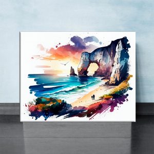 toile art mural aquarelle falaises d'etretat coucher de soleil