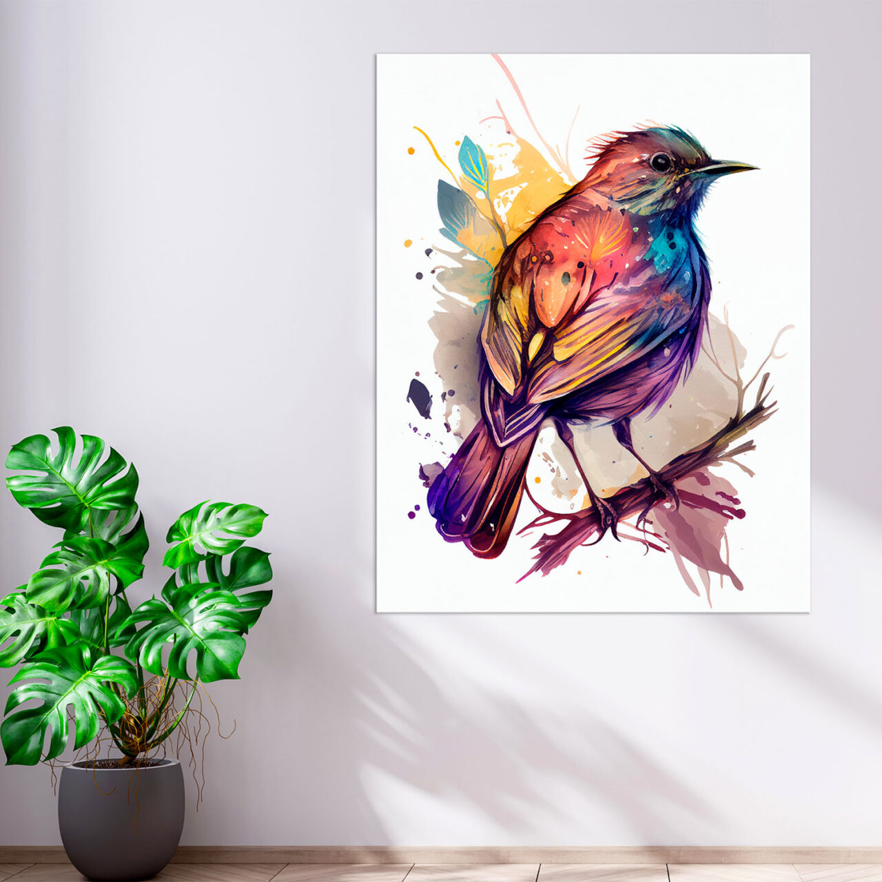 cadre décoratif aquarelle oiseau rouge or et bleu