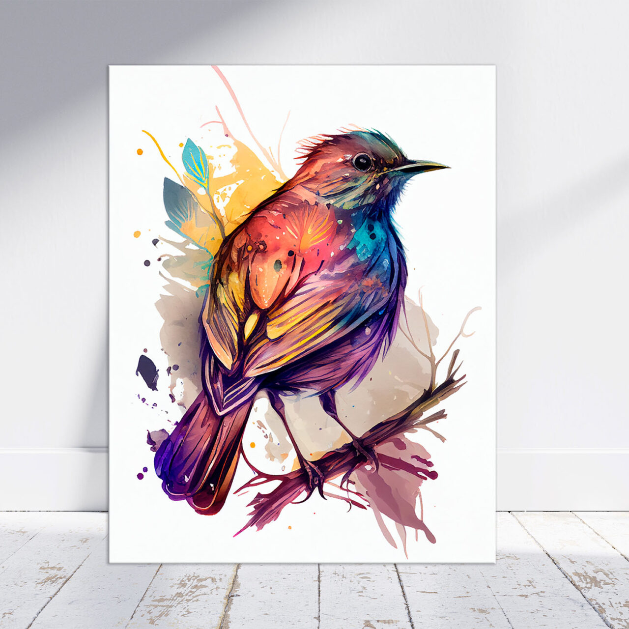 cadre décoratif aquarelle oiseau rouge or et bleu