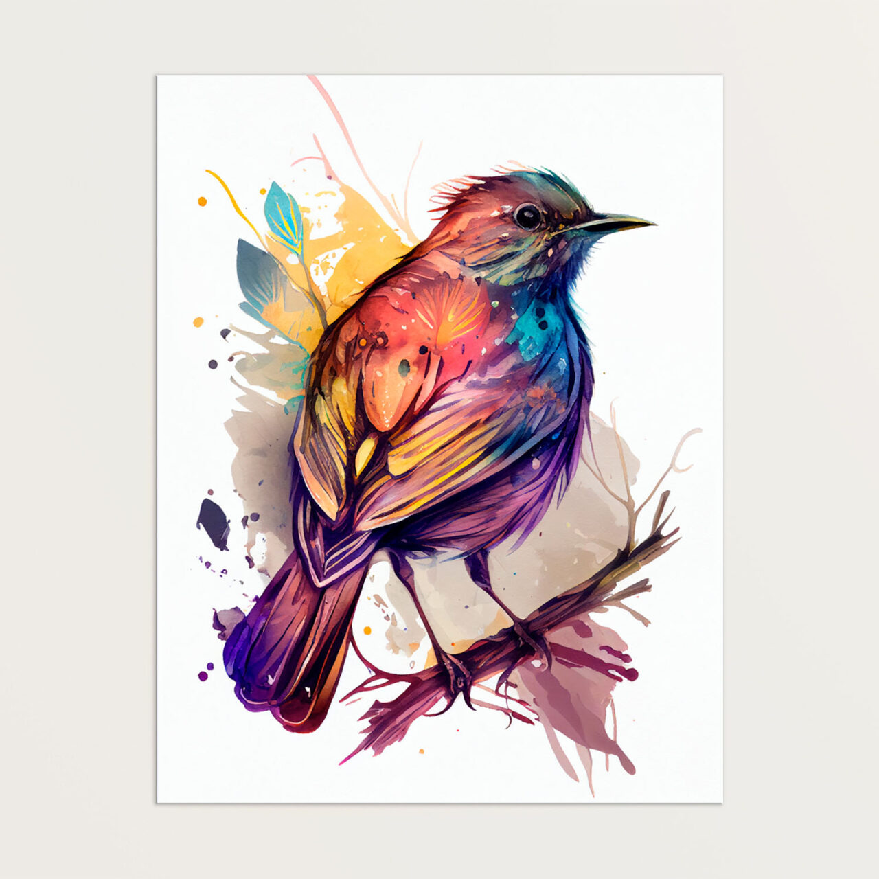 cadre décoratif aquarelle oiseau rouge or et bleu