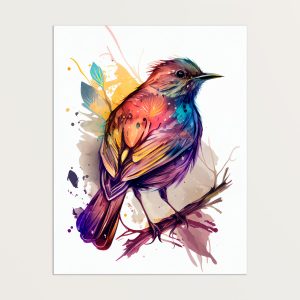 cadre décoratif aquarelle oiseau rouge or et bleu