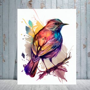 cadre décoratif aquarelle oiseau rouge or et bleu