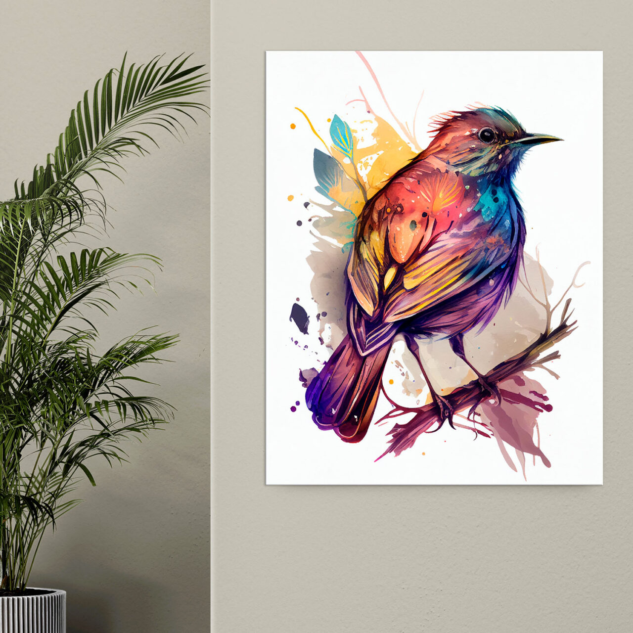 cadre décoratif aquarelle oiseau rouge or et bleu